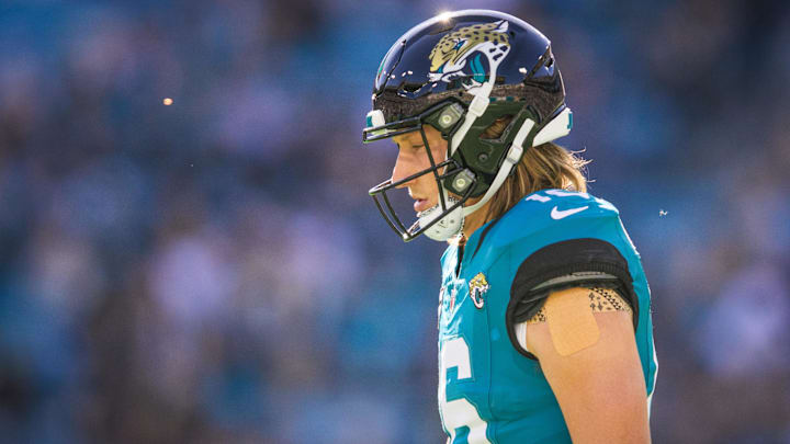 Dec 1, 2024; Jacksonville, Florida, USA; Jacksonville Jaguars quarterback Trevor Lawrence (16) walks back to the huddle against the Houston Texans in the first quarter at EverBank Stadium. Mandatory Credit: Jeremy Reper-Imagn Images Dec 1, 2024; Jacksonville, Florida, USA; Jacksonville Jaguars quarterback Trevor Lawrence (16) walks back to the huddle against the Houston Texans in the first quarter at EverBank Stadium. Mandatory Credit: Jeremy Reper-Imagn Images