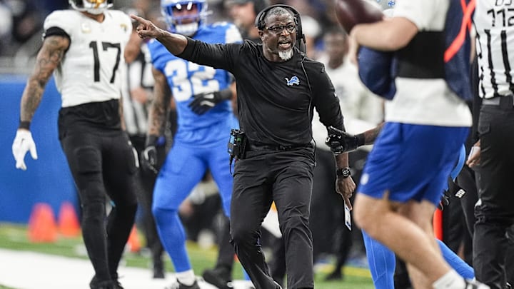 Detroit Lions defensive coordinator Aaron Glenn reacts to a play against the Jacksonville Jaguars