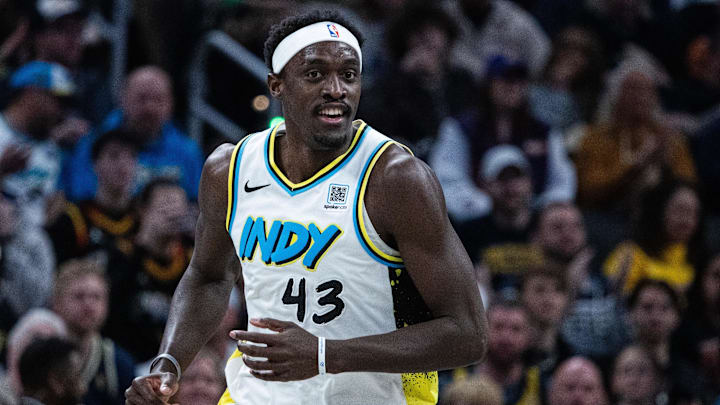 Jan 4, 2025; Indianapolis, Indiana, USA;  Indiana Pacers forward Pascal Siakam (43) reacts in the first half against the Phoenix Suns at Gainbridge Fieldhouse. Mandatory Credit: Trevor Ruszkowski-Imagn Images
