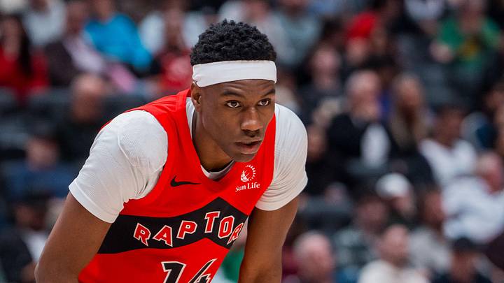 Oct 6, 2025; Vancouver, British Columbia, CAN; Toronto Raptors guard Ja’Kobe Walter (14) during a stop in play against the Denver Nuggets in the second half at Rogers Arena. Mandatory Credit: Bob Frid-Imagn Images
