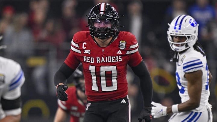 Texas Tech Red Raiders linebacker Jacob Rodriguez (10) drops in coverage during the game between the Red Raiders and the Cougars at AT&T Stadium.