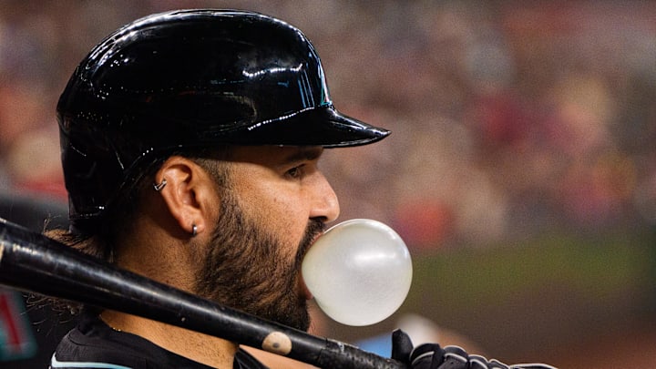 Jun 14, 2025; Phoenix, Arizona, USA; Arizona Diamondbacks infielder Eugenio Suarez (28) watches on from the dugout during the seventh inning against the San Diego Padres at Chase Field. Mandatory Credit: Allan Henry-Imagn Images