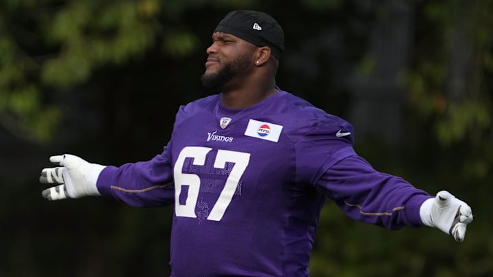 Oct 4, 2024; Watford, United Kingdom; Minnesota Vikings guard Ed Ingram (67) during practice at The Grove.