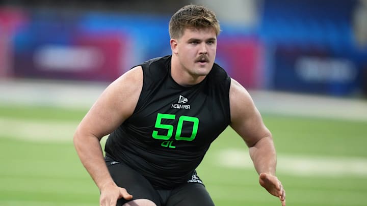 Mar 2, 2025; Indianapolis, IN, USA; North Dakota State offensive lineman Grey Zabel (OL50) during the 2025 NFL Scouting Combine at Lucas Oil Stadium. Mar 2, 2025; Indianapolis, IN, USA; North Dakota State offensive lineman Grey Zabel (OL50) during the 2025 NFL Scouting Combine at Lucas Oil Stadium.