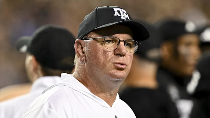 Texas A&M Aggies head coach Mike Elko reacts to a call in the third quarter against the LSU Tigers at Kyle Field.
