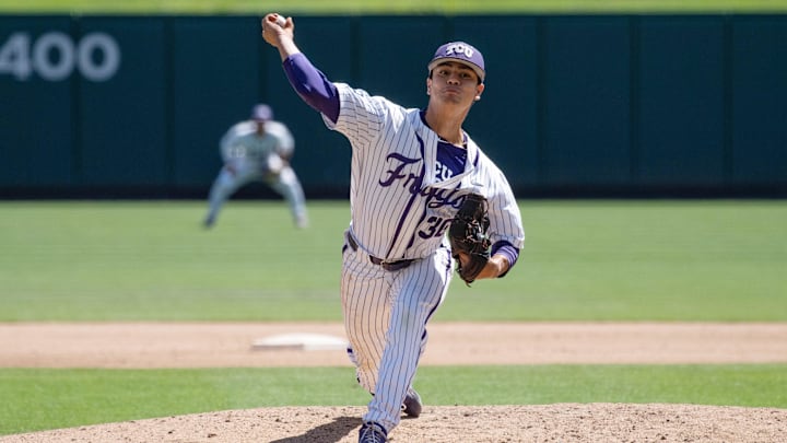 TCU pitcher Marcelo Perez throws against Kansas State in a Big 12 Tournament game on May 29, 2021, at Chickasaw Bricktown Ballpark. TCU pitcher Marcelo Perez throws against Kansas State in a Big 12 Tournament game on May 29, 2021, at Chickasaw Bricktown Ballpark.