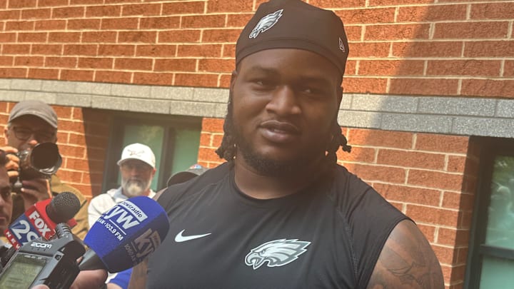 Jalen Carter met with reporters after an OTA practice on June 3, 2025.