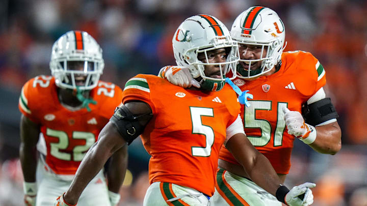 Oct 21, 2023; Miami Gardens, Florida, USA; Miami Hurricanes safety Kamren Kinchens (5) celebrates