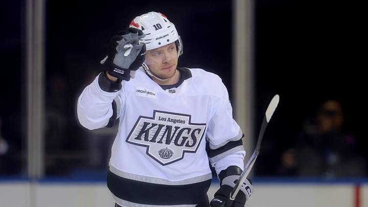 Mar 16, 2026; New York, New York, USA; Los Angeles Kings left wing Artemi Panarin (10) waves to the fans after a tribute video by the New York Rangers during a time out during the first period at Madison Square Garden. Mandatory Credit: Brad Penner-Imagn Images