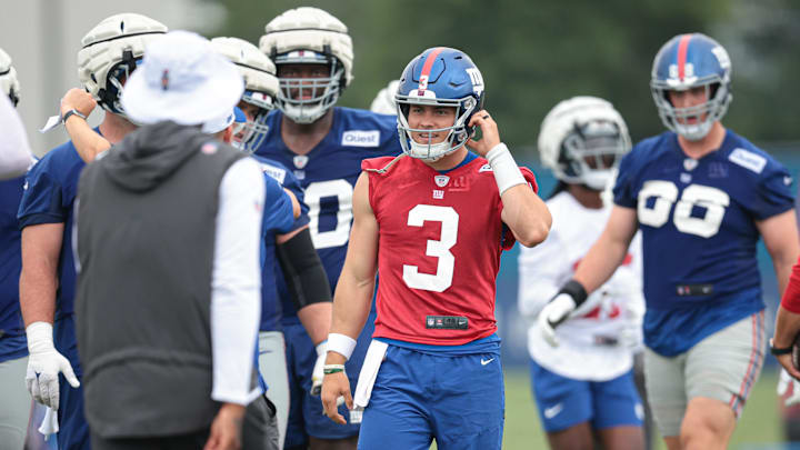 Jul 24, 2024; East Rutherford, NJ, USA; New York Giants quarterback Nathan Rourke (3) participates in drills during training camp at Quest Diagnostics Training Facility. Mandatory Credit: Vincent Carchietta-USA TODAY Sports