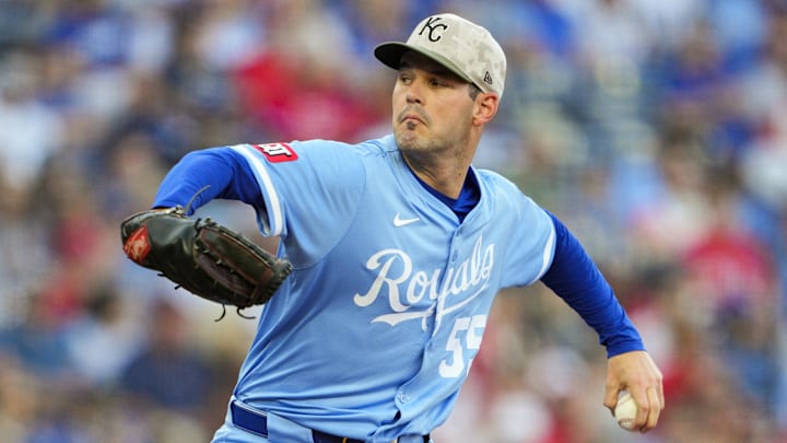 Kansas City Royals starting pitcher Cole Ragans (55) pitches during the first inning against the St. Louis Cardinals at Kauffman Stadium. 