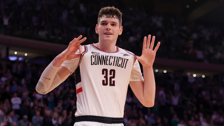 Mar 16, 2024; New York City, NY, USA; Connecticut Huskies center Donovan Clingan (32) reacts during the second half against the Marquette Golden Eagles at Madison Square Garden. Mandatory Credit: Brad Penner-USA TODAY Sports Mar 16, 2024; New York City, NY, USA; Connecticut Huskies center Donovan Clingan (32) reacts during the second half against the Marquette Golden Eagles at Madison Square Garden. Mandatory Credit: Brad Penner-USA TODAY Sports