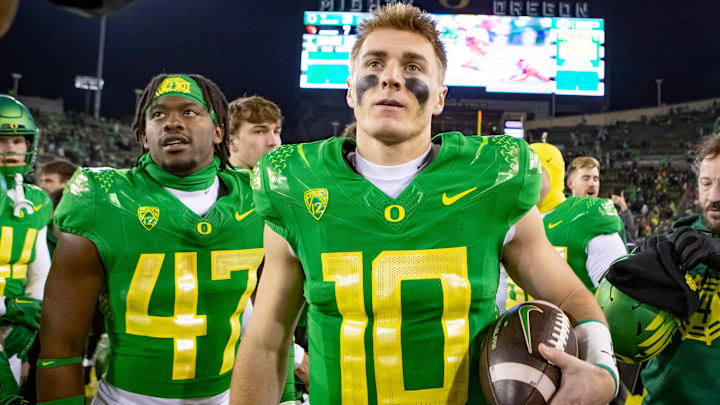Oregon quarterback Bo Nix walks off the field after the the No. 6 Oregon Ducks defeated the No. 16
