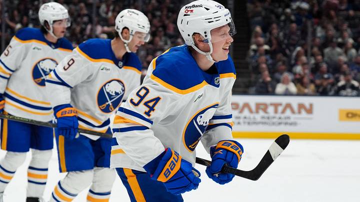 Buffalo Sabres center Konsta Helenius (94) celebrates with teammates after scoring a goal against the Columbus Blue Jackets in the second period at Nationwide Arena. Mandatory Credit: Aaron Doster-Imagn Images