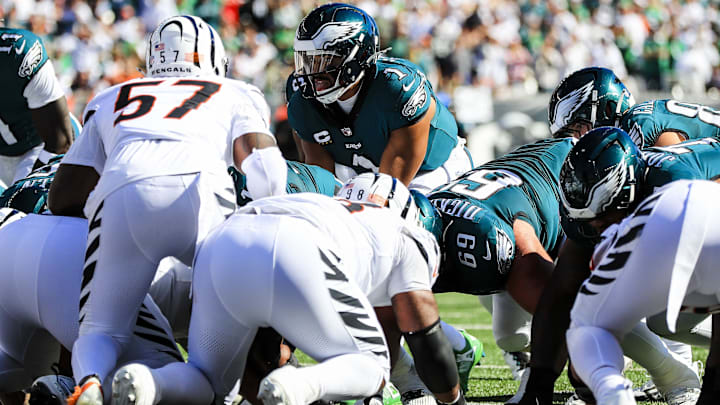 Oct 27, 2024; Cincinnati, Ohio, USA; Philadelphia Eagles quarterback Jalen Hurts (1) snaps the ball against the Cincinnati Bengals in the first half at Paycor Stadium. Mandatory Credit: Katie Stratman-Imagn Images