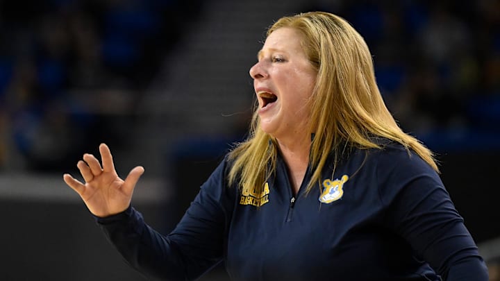 Feb 5, 2025; Los Angeles, California, USA; UCLA Bruins head coach Cori Close during an NCAA basketball game against the Ohio State Buckeyes at Pauley Pavilion presented by Wescom. Mandatory Credit: Robert Hanashiro-Imagn Images