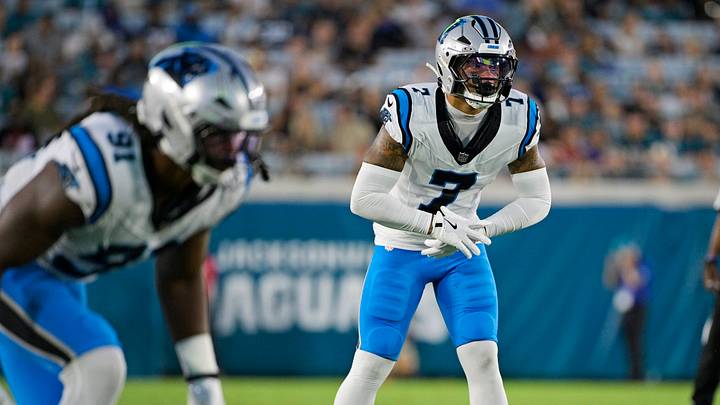 Carolina Panthers safety Tre'von Moehrig (7) during the first quarter of the preseason game Carolina Panthers safety Tre'von Moehrig (7) during the first quarter of the preseason game