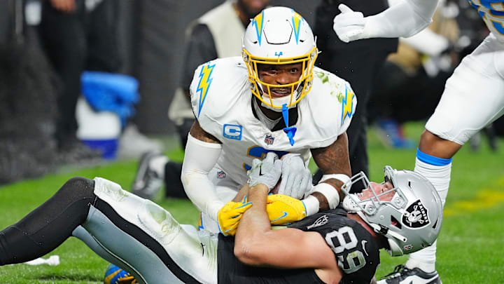 Los Angeles Chargers safety Derwin James Jr. and Las Vegas Raiders tight end Brock Bowers.