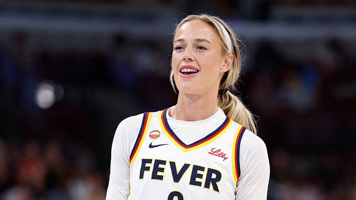  Indiana Fever guard Sophie Cunningham (8) reacts after being fouled by Chicago Sky guard DiJonai Carrington.
