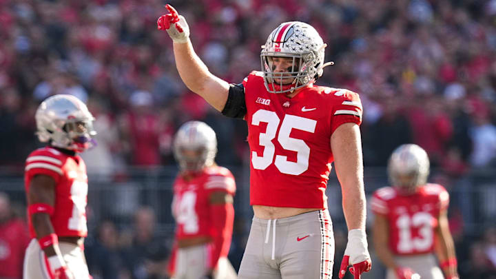 Nov 26, 2022; Columbus, Ohio, USA;  Ohio State Buckeyes linebacker Tommy Eichenberg (35) celebrates