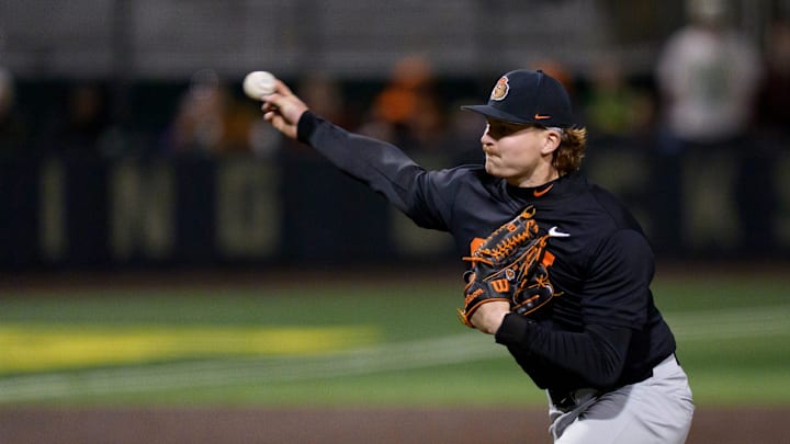 Oregon State pitcher Isaac Yeager throws a pitch as the Oregon Ducks host the Oregon State Beavers on March 3, 2026, at PK Park in Eugene, Oregon.