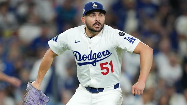 Los Angeles Dodgers pitcher Alex Vesia (51) reacts in the seventh inning against the Milwaukee Brewers during game four of the NLCS round for the 2025 MLB playoffs at Dodger Stadium on Oct. 17.