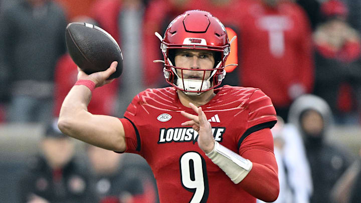 Nov 23, 2024; Louisville, Kentucky, USA;  Louisville Cardinals quarterback Tyler Shough (9) throws against the Pittsburgh Panthers during the first quarter at L&N Federal Credit Union Stadium. Mandatory Credit: Jamie Rhodes-Imagn Images