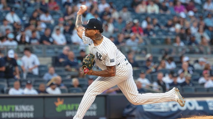 Aug 20, 2024; Bronx, New York, USA; New York Yankees starting pitcher Luis Gil (81) delivers a pitch during the first inning against the Cleveland Guardians at Yankee Stadium. Mandatory Credit: Vincent Carchietta-USA TODAY Sports
