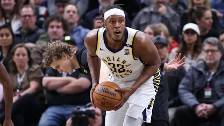Jan 15, 2024; Salt Lake City, Utah, USA; Indiana Pacers center Myles Turner (33) looks to pass the ball against the Utah Jazz during the second quarter at Delta Center. Mandatory Credit: Rob Gray-Imagn Images