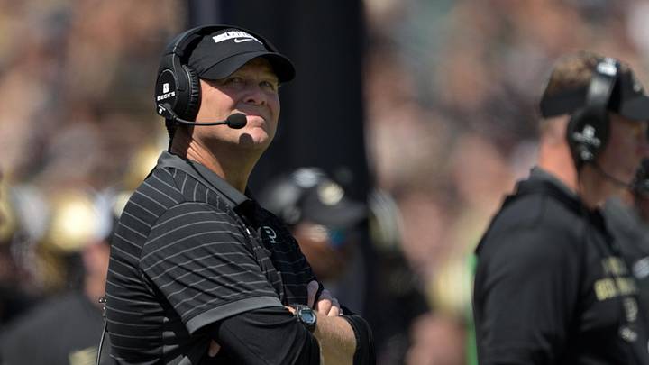 Purdue Boilermakers head coach Barry Odom looks up at the video board. Purdue Boilermakers head coach Barry Odom looks up at the video board.
