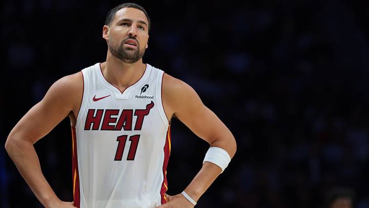 Miami Heat guard Klay Thompson (11) looks on  (Mandatory Credit: Sam Navarro-Imagn Images)