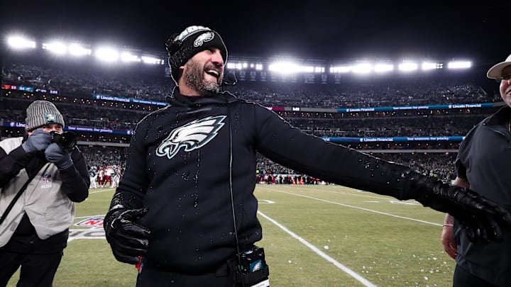 Jan 26, 2025; Philadelphia, PA, USA; Philadelphia Eagles head coach Nick Sirianni is celebrates in the closing minutes of a victory against the Washington Commanders in the NFC Championship game at Lincoln Financial Field. Mandatory Credit: Bill Streicher-Imagn Images