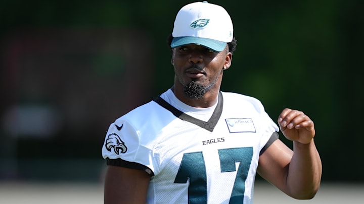 Philadelphia Eagles linebacker Nakobe Dean (17) looks on during training camp at NovaCare Complex.