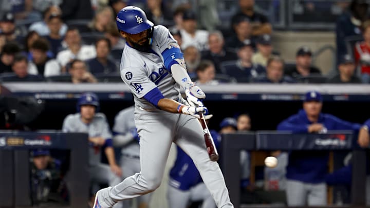 Oct 30, 2024; New York, New York, USA; Los Angeles Dodgers outfielder Teoscar Hernandez (37) singles during the ninth inning against the New York Yankees in game five of the 2024 MLB World Series at Yankee Stadium. Mandatory Credit: Vincent Carchietta-Imagn Images Oct 30, 2024; New York, New York, USA; Los Angeles Dodgers outfielder Teoscar Hernandez (37) singles during the ninth inning against the New York Yankees in game five of the 2024 MLB World Series at Yankee Stadium. Mandatory Credit: Vincent Carchietta-Imagn Images