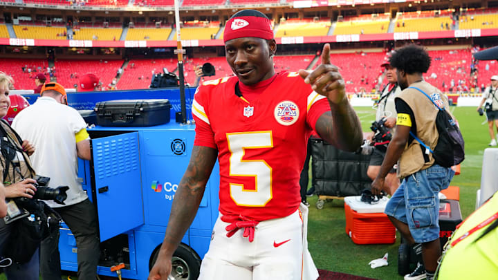 Sep 28, 2025; Kansas City, Missouri, USA; Kansas City Chiefs wide receiver Hollywood Brown (5) celebrates after the game against the Baltimore Ravens at GEHA Field at Arrowhead Stadium. Mandatory Credit: Denny Medley-Imagn Images