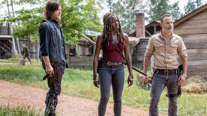 Norman Reedus as Daryl Dixon, Andrew Lincoln as Rick Grimes, and Danai Gurira as Michonne in The Walking Dead season 9