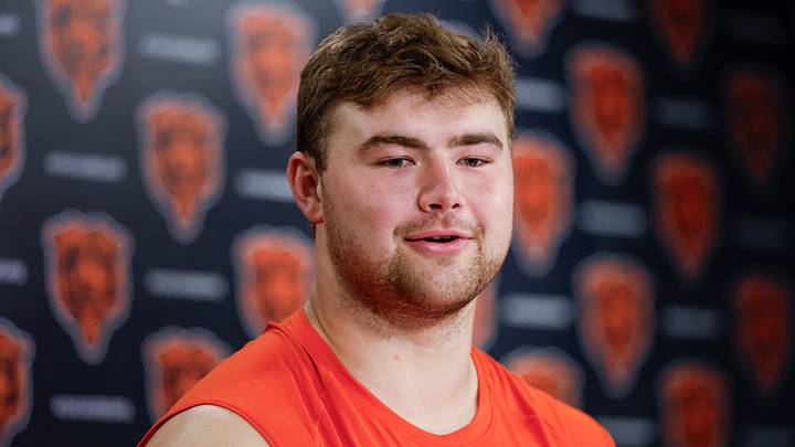 Chicago Bears offensive line Ozzy Trapilo speaks during the Rookie Minicamp at Halas Hall. Chicago Bears offensive line Ozzy Trapilo speaks during the Rookie Minicamp at Halas Hall.