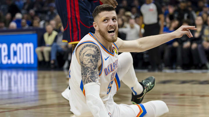 Nov 27, 2024; San Francisco, California, USA; Oklahoma City Thunder center Isaiah Hartenstein (55) falls and reacts during the first half of the game against the Golden State Warriors at Chase Center. Mandatory Credit: John Hefti-Imagn Images Nov 27, 2024; San Francisco, California, USA; Oklahoma City Thunder center Isaiah Hartenstein (55) falls and reacts during the first half of the game against the Golden State Warriors at Chase Center. Mandatory Credit: John Hefti-Imagn Images