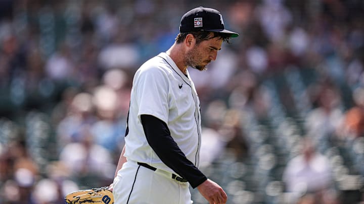 Detroit Tigers pitcher Luke Jackson (49) walks off the field for pitching change against Toronto Blue Jays during the ninth inning at Comerica Park in Detroit on Sunday, July 27, 2025.