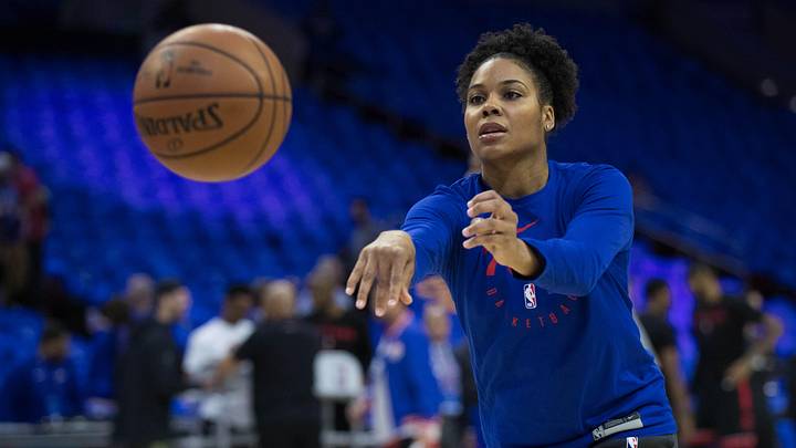 May 2, 2019; Philadelphia, PA, USA; Philadelphia 76ers assistant coach Lindsey Harding in game three of the second round of the 2019 NBA Playoffs against the Toronto Raptors at Wells Fargo Center. Mandatory Credit: Bill Streicher-Imagn Images
