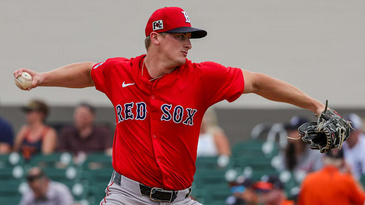 Feb 27, 2025; Lakeland, Florida, USA; Boston Red Sox pitcher Quinn Priester (68) pitches during the second inning against the Detroit Tigers at Publix Field at Joker Marchant Stadium. Mandatory Credit: Mike Watters-Imagn Images