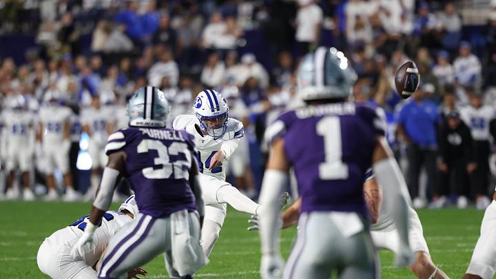 Sep 21, 2024; Provo, Utah, USA; Brigham Young Cougars place kicker Will Ferrin (44) kicks a field goal against the Kansas State Wildcats during the second quarter at LaVell Edwards Stadium. Mandatory Credit: Rob Gray-Imagn Images
