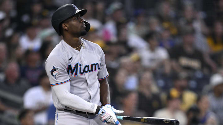 Aug 22, 2023; San Diego, California, USA; Miami Marlins designated hitter Jorge Soler (12) hits a