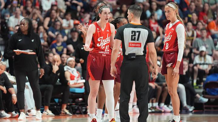 Jun 13, 2026; Uncasville, Connecticut, USA; Indiana Fever guard Caitlin Clark (22) speaks with an official after being called for a technical foul during the second half against the Connecticut Sun at Mohegan Sun Arena. Mandatory Credit: Gregory Fisher-Imagn Images Jun 13, 2026; Uncasville, Connecticut, USA; Indiana Fever guard Caitlin Clark (22) speaks with an official after being called for a technical foul during the second half against the Connecticut Sun at Mohegan Sun Arena. Mandatory Credit: Gregory Fisher-Imagn Images
