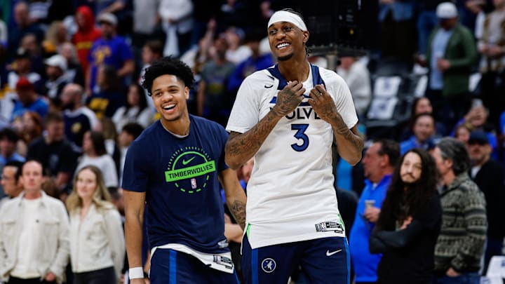 Apr 27, 2026; Denver, Colorado, USA; Minnesota Timberwolves forward Jaden McDaniels (3) and guard Terrence Shannon Jr. (1) before game five against the Denver Nuggets in the first round of the 2026 NBA Playoffs at Ball Arena. Mandatory Credit: Isaiah J. Downing-Imagn Images