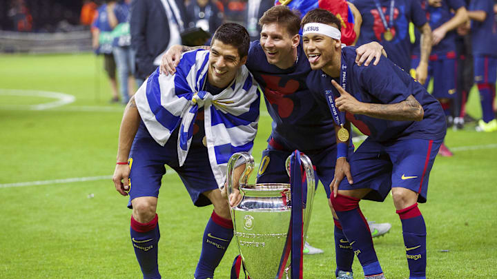 Luis Suárez, Lionel Messi y Neymar celebrando el título del FC Barcelona en la Champions League de 2015