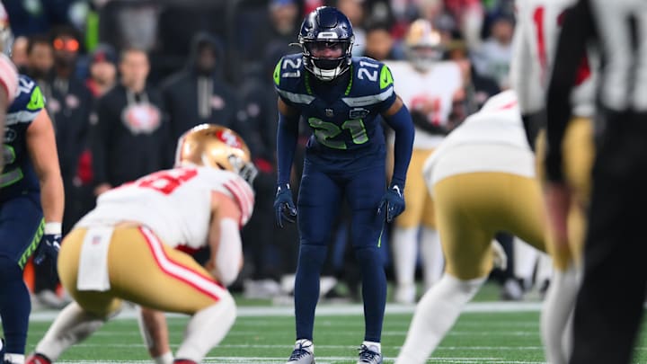 Seattle Seahawks cornerback Devon Witherspoon (21) in his pre-snap stance against the San Francisco 49ers.