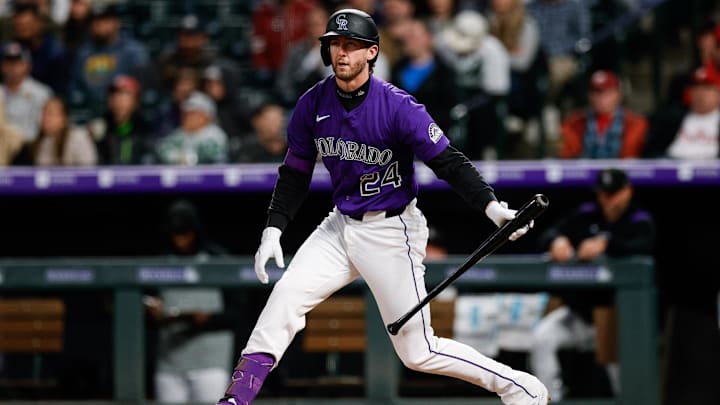 May 19, 2025; Denver, Colorado, USA; Colorado Rockies third baseman Ryan McMahon (24) reacts after striking out in the sixth inning against the Philadelphia Phillies at Coors Field. Mandatory Credit: Isaiah J. Downing-Imagn Images