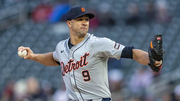 Apr 19, 2024; Minneapolis, Minnesota, USA; Detroit Tigers starting pitcher Jack Flaherty (9) delivers a pitch against the Minnesota Twins in the first inning at Target Field. 