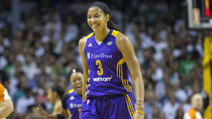 Sep 24, 2017; Minneapolis, MN, USA; Los Angeles Sparks forward Candace Parker (3) smiles during the first quarter after taking a double digit lead against the Minnesota Lynx in Game 1 of the WNBA Finals at Williams Arena. Mandatory Credit: Jesse Johnson-Imagn Images